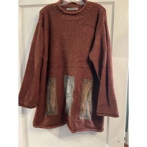 Blue Fish Vintage Wool Alpaca Patch Sweater Rust Sz 3X Handmade Lagenlook‎